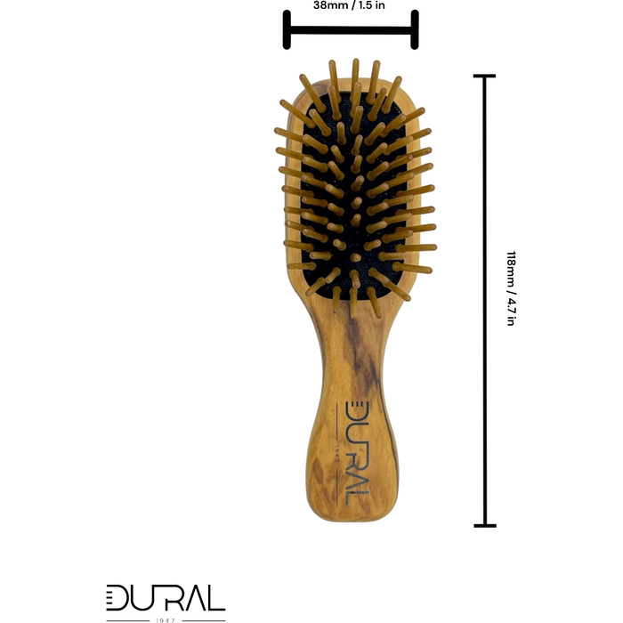 Mini cepillo de pelo Dural de madera de olivo con cojín de goma y púas de madera