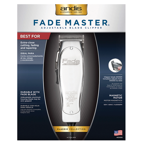 Andis 01820 Professional Fade Master Hair Clipper, Adjustable Carbon Steel Fade Blade Clipper - Zero Gap, Unbreakable Aluminium Housing, Chrome, Silver