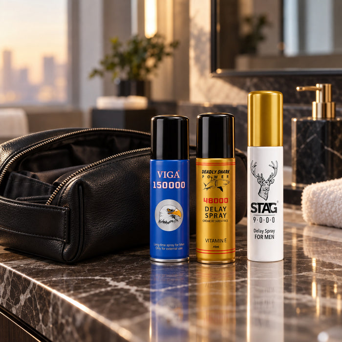 Viga 150000, Deadly Shark 48000 and Stag 9000 delay sprays with a travel bag