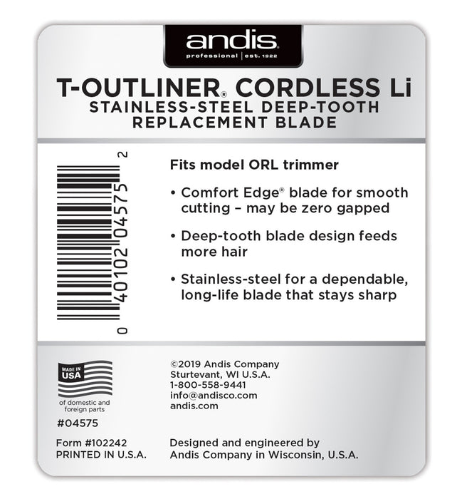 Andis Cordless T-Outliner Li Trimmer Stainless Steel Deep Tooth Replacement Blade