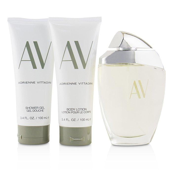 AV par Adrienne Vittadini pour femme - Coffret 3 pièces Spray EDP 3 oz, lotion pour le corps 3,3 oz, gel douche 3,3 oz