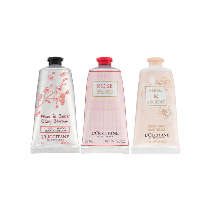 Pink Flowers Hand Cream Trio by LOccitane for Unisex - 3 x 2.6 oz Neroli and Orchidee Hand Cream, Rose Hand Cream, Cherry Blossom Hand Cream