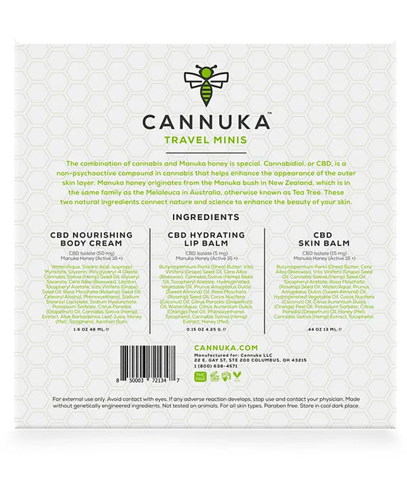 Cannuka Travel Minis by Cannuka for Unisex - 3 Pc 0.44oz CBD Skin Balm, 1.6oz CBD Nourishing Body Cream, 0.15oz CBD Hydrating Lip Balm