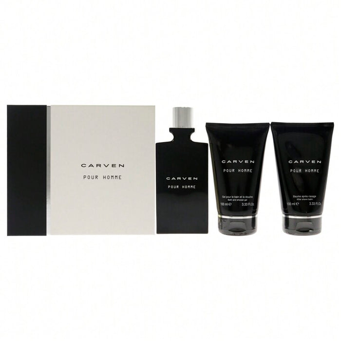 Pour Homme de Carven pour hommes - Coffret 3 pièces Spray EDT 3,33 oz, Baume après-rasage 3,33 oz, Gel bain et douche 3,33 oz