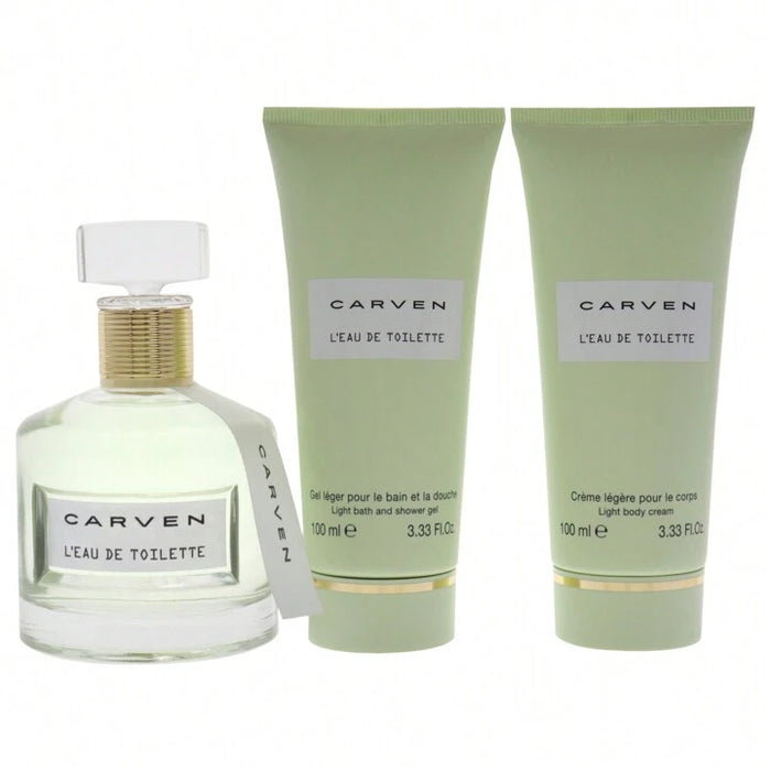 LEau De Toilette by Carven for Women - 3 Pc Gift Set 3.33oz EDT Spray, 3.33oz Light Body Cream, 3.33oz Ligth Bath and Shower Gel