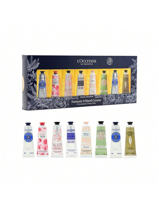 Fantástico kit de 8 cremas para manos de LOccitane para unisex: 8 x 1 oz para piel seca de karité, rosa, flor de cerezo, lavanda, flora pivoina, almendra y gel de crema refrescante para manos Verveine 