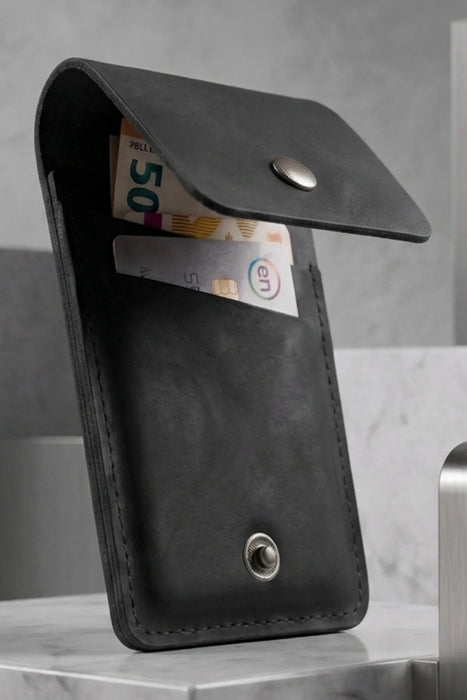 Black Vertical Genuine Leather 4 Card Slots Wallet Handmade for Men Gift
