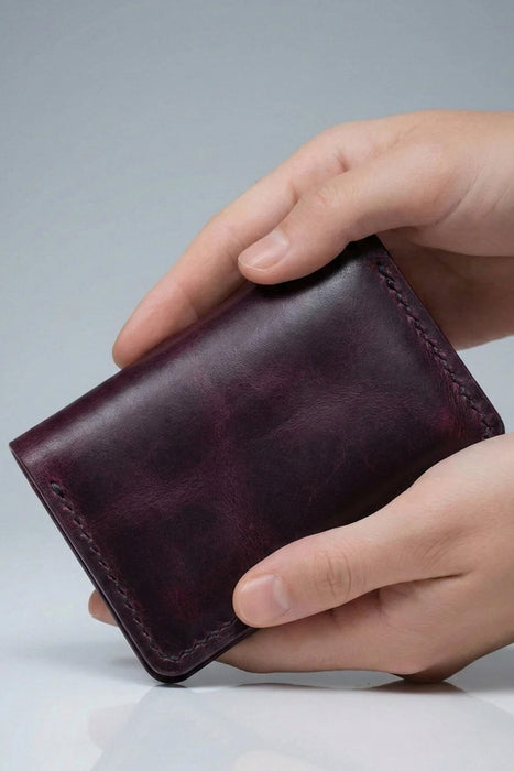 Purple Genuine Leather Card Holder Handmade for Men Gift