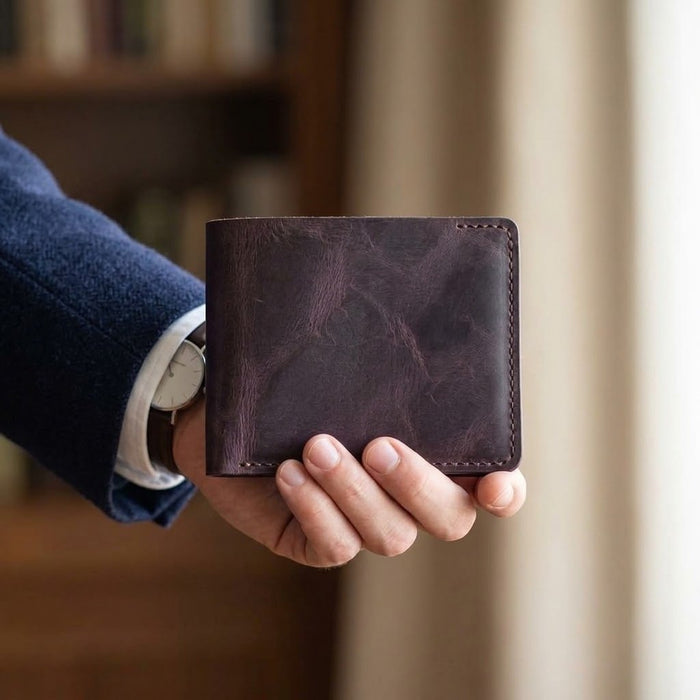 Purple Genuine Leather 10 Card Slots Wallet Handmade for Men Gift