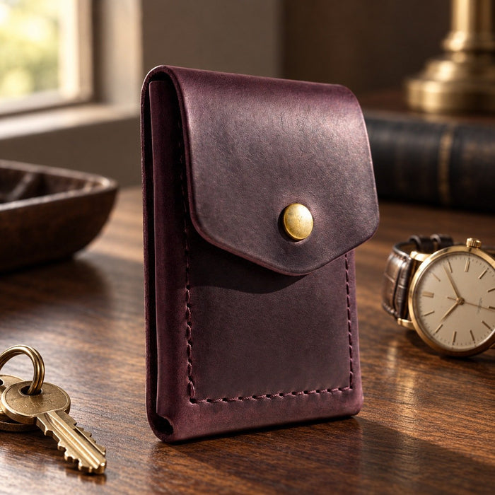 Trifold Slim Genuine Leather Wallet 9 Card Slots Snap Handmade for Men Gift - Purple