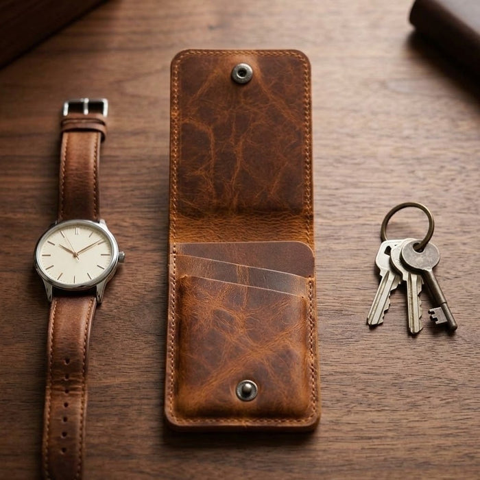 Vertical Genuine Leather Wallet 4 Card Slots Snap Closure Handmade Men Gift - Tan