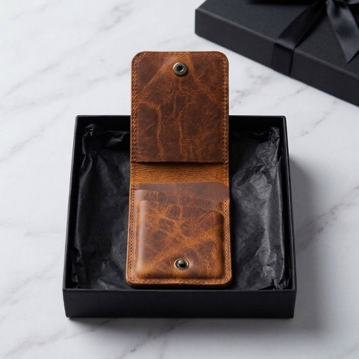 Vertical Genuine Leather Wallet 4 Card Slots Snap Closure Handmade Men Gift - Tan