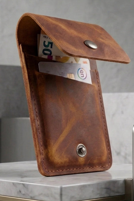 Tan Vertical Genuine Leather 4 Card Slots Wallet Handmade for Men Gift