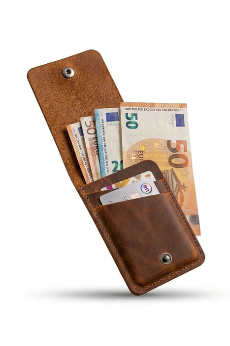 Tan Vertical Genuine Leather 4 Card Slots Wallet Handmade for Men Gift