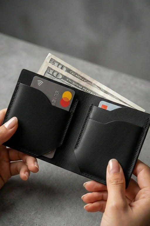 Black Slim Genuine Leather 6 Card Slots Wallet Saddle Stitch Handmade