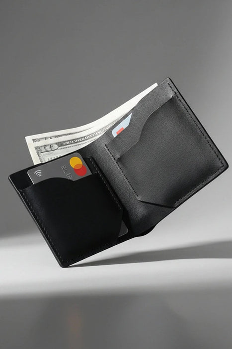 Black Slim Genuine Leather 6 Card Slots Wallet Saddle Stitch Handmade