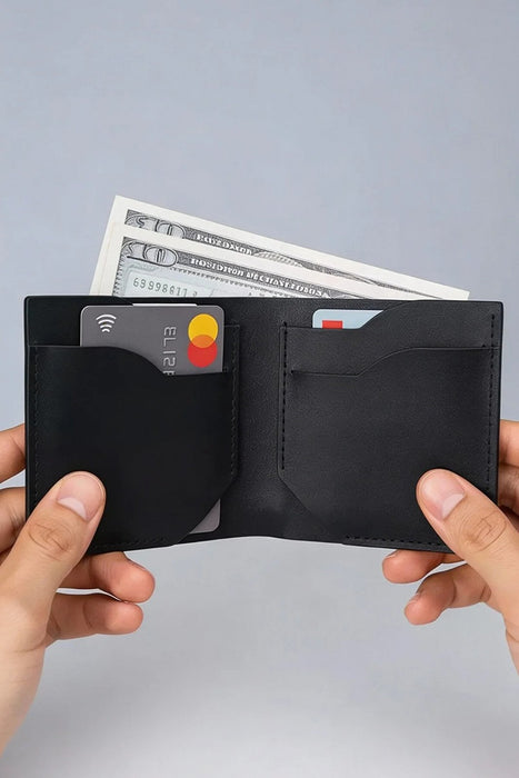 Black Slim Genuine Leather 6 Card Slots Wallet Saddle Stitch Handmade