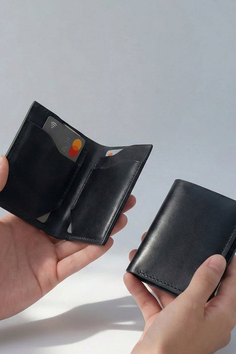 Black Slim Genuine Leather 6 Card Slots Wallet Saddle Stitch Handmade