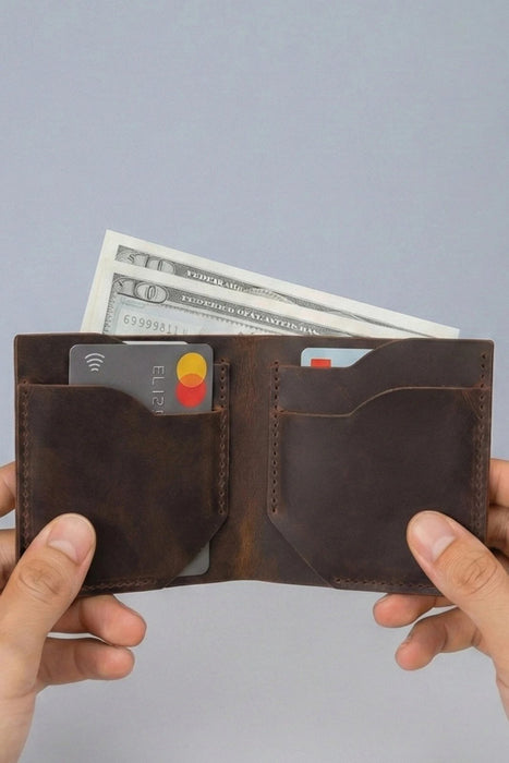 Black Slim Genuine Leather 6 Card Slots Wallet Saddle Stitch Handmade