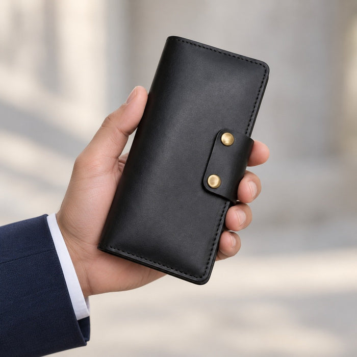 Black Genuine Leather 4 Card Slots Wallet Phone Pocket Handmade for Men Gift