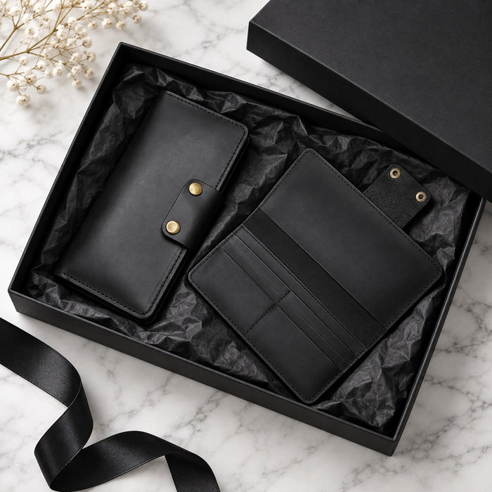 Black Genuine Leather 4 Card Slots Wallet Phone Pocket Handmade for Men Gift