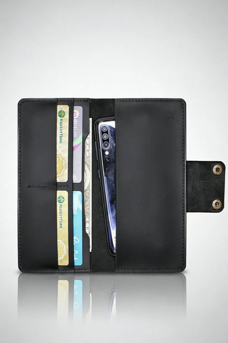 Black Genuine Leather 4 Card Slots Wallet Phone Pocket Handmade for Men Gift