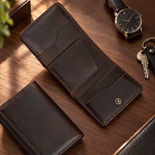 Genuine Leather Card Wallet 6 Card Slots Italian Stitch Handmade for Men Gift - Dark Brown