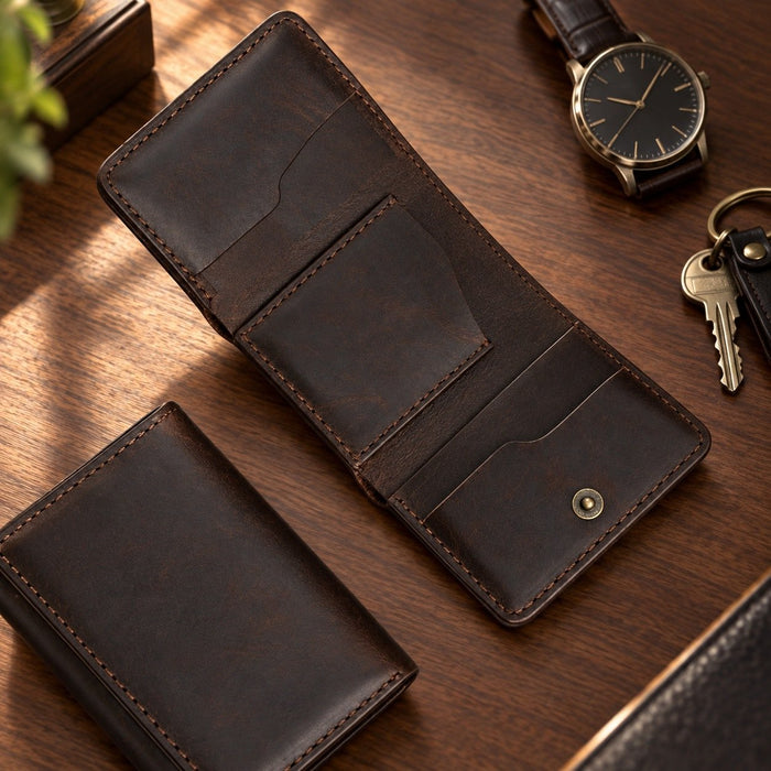 Dark Brown Slim Genuine Leather 6 Card Slots Wallet Italian Stitch Handmade