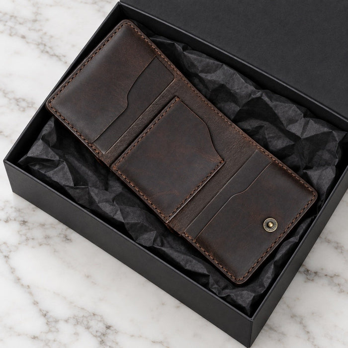 Dark Brown Slim Genuine Leather 6 Card Slots Wallet Italian Stitch Handmade