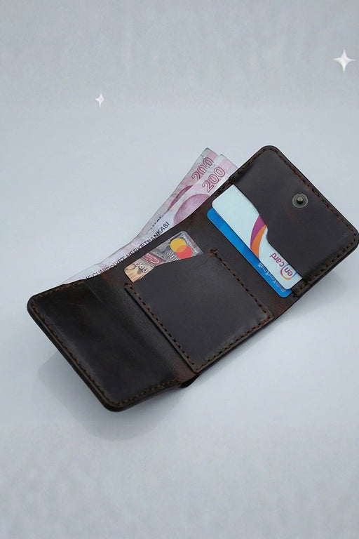 Dark Brown Slim Genuine Leather 6 Card Slots Wallet Italian Stitch Handmade