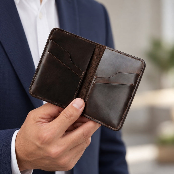 Slim Genuine Leather Card Wallet 6 Card Slots Minimalist Handmade Men Gift - Dark Brown