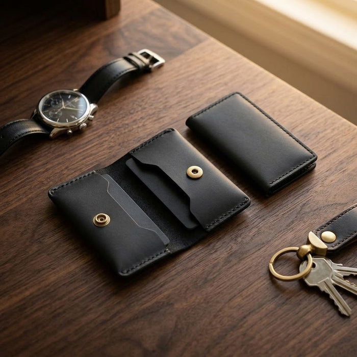 Black Genuine Leather Wallet Compact Handmade for Men Gift