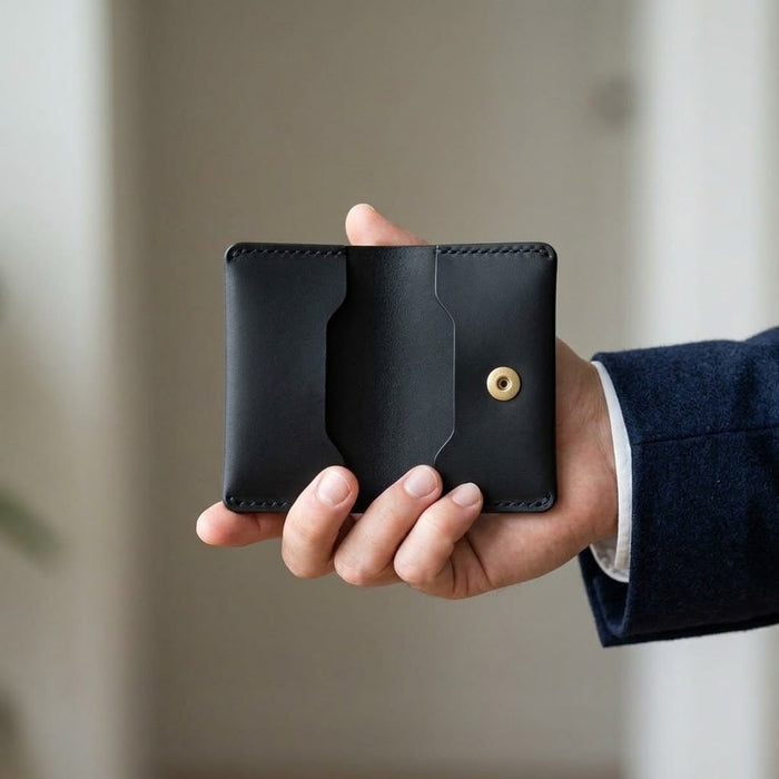 Black Genuine Leather Wallet Compact Handmade for Men Gift