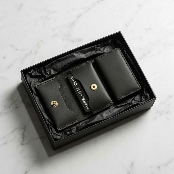 Genuine Leather Snap Wallet Compact Card Case Handmade for Men Gift - Black
