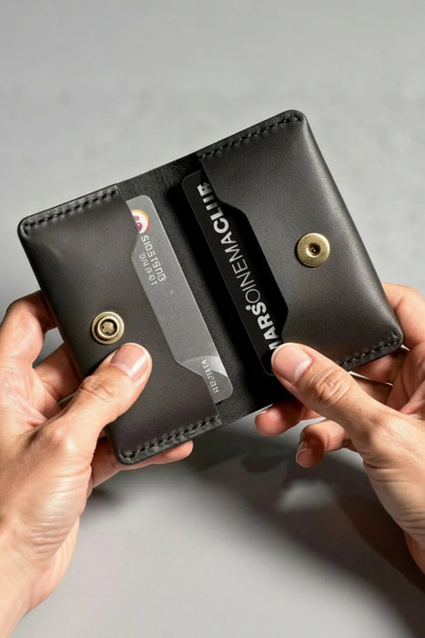 Black Genuine Leather Wallet Compact Handmade for Men Gift