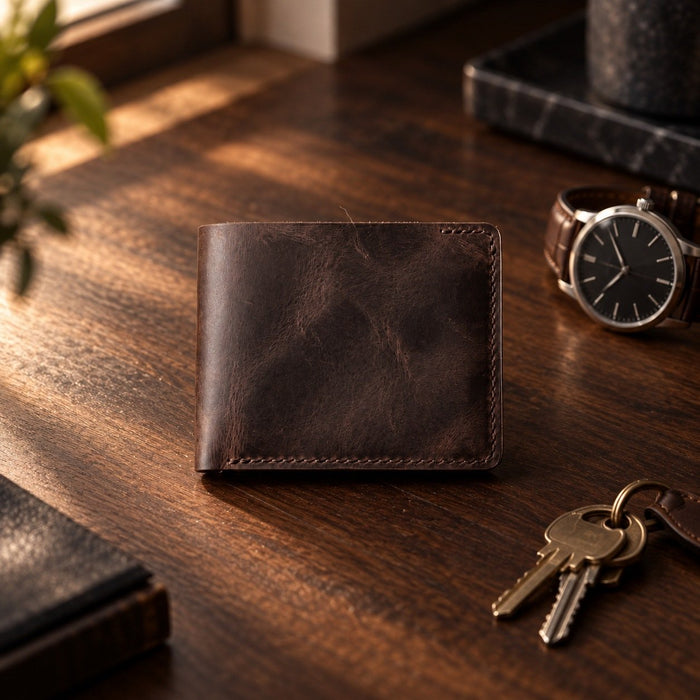 Dark Brown Genuine Leather 4 Card Slots Wallet Italian Stitch Handmade