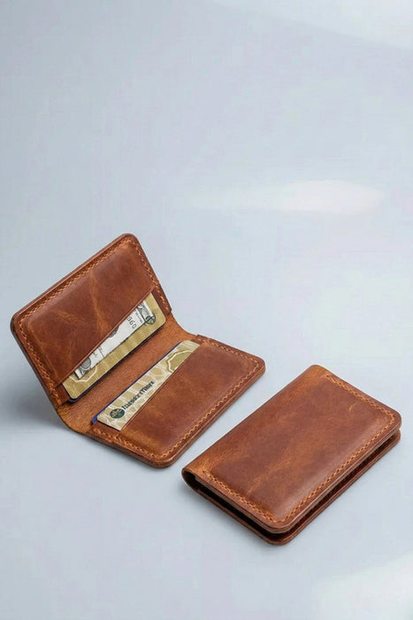 Genuine Leather Bifold Card Holder Italian Stitch Handmade for Men Gift - Tan