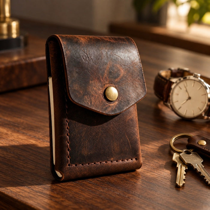 Trifold Slim Genuine Leather Wallet 9 Card Slots Snap Handmade for Men Gift - Dark Brown