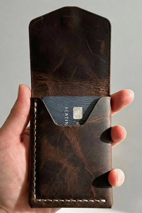 Dark Brown Trifold Slim Genuine Leather 9 Card Slots Wallet Handmade