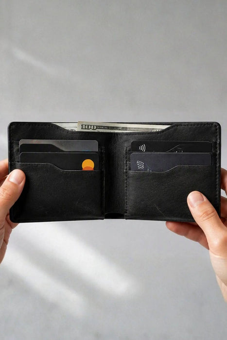 Black Genuine Leather 8 Card Slots Wallet Handmade for Men Gift