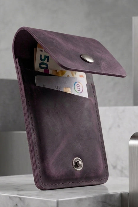 Purple Vertical Genuine Leather 4 Card Slots Wallet Handmade for Men Gift