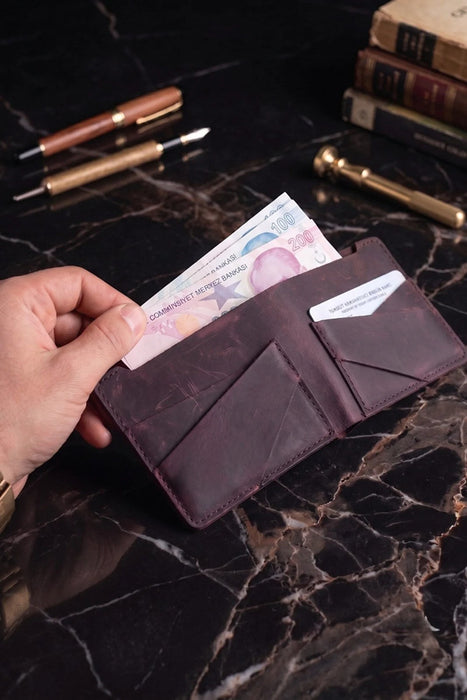 Purple Genuine Leather 4 Card Slots Wallet Handmade for Men Gift