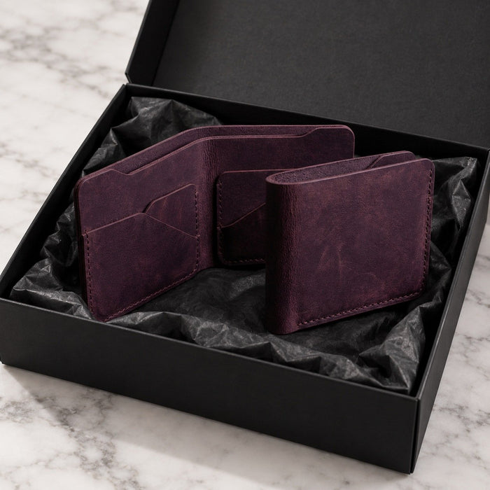 Vertical Genuine Leather Bifold Wallet 8 Card Slots Handmade for Men Gift - Purple