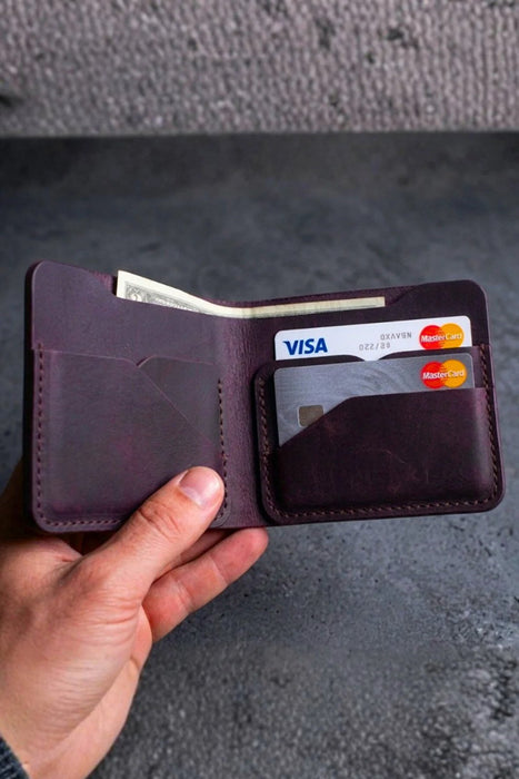 Purple Vertical Genuine Leather 8 Card Slots Wallet Handmade for Men Gift