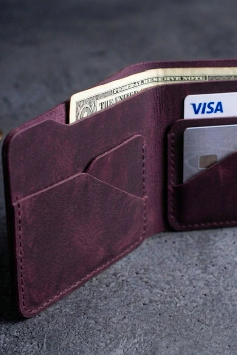 Purple Vertical Genuine Leather 8 Card Slots Wallet Handmade for Men Gift