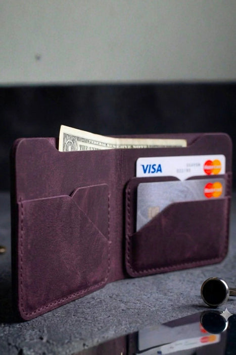 Purple Vertical Genuine Leather 8 Card Slots Wallet Handmade for Men Gift