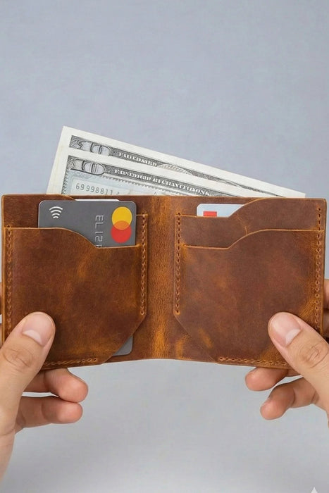 Tan Slim Genuine Leather 6 Card Slots Wallet Handmade for Men Gift