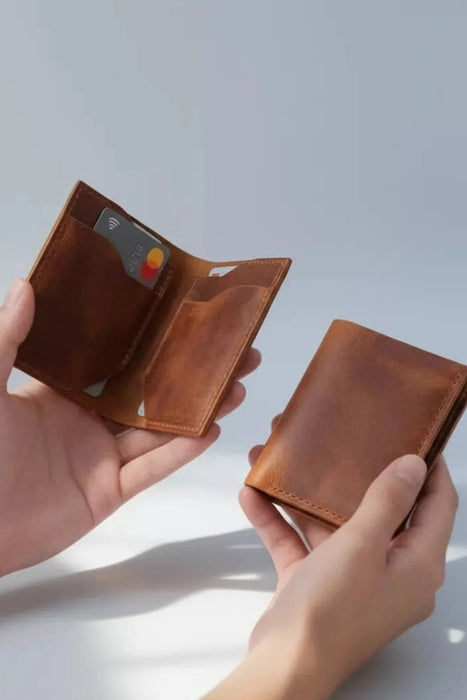 Tan Slim Genuine Leather 6 Card Slots Wallet Handmade for Men Gift