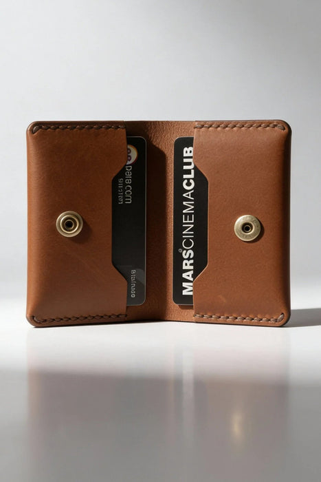 Genuine Leather Snap Wallet Compact Card Case Handmade for Men Gift - Tan