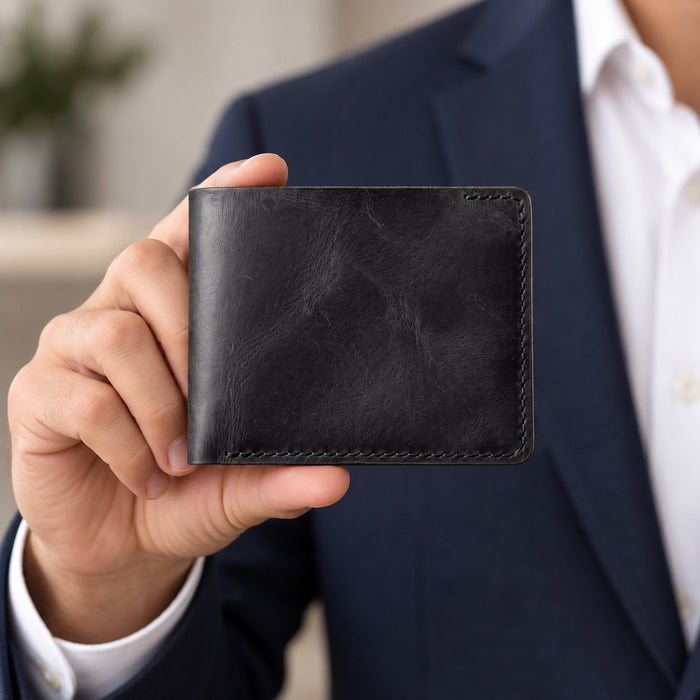 Black Genuine Leather 10 Card Slots Wallet Handmade for Men Gift